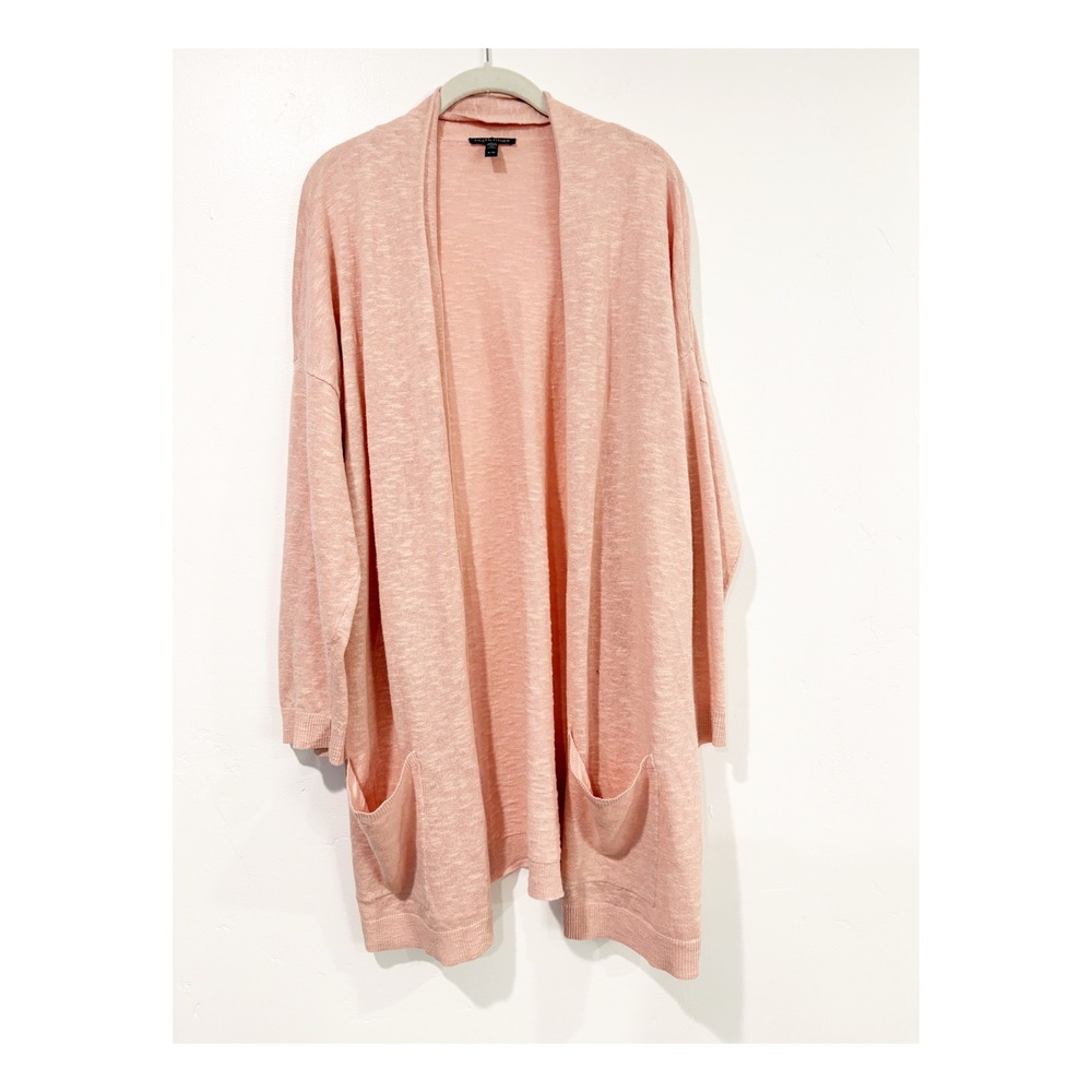 Eileen Fisher Peach Organic Linen Cotton Open Front Cardigan XL Longline Pockets